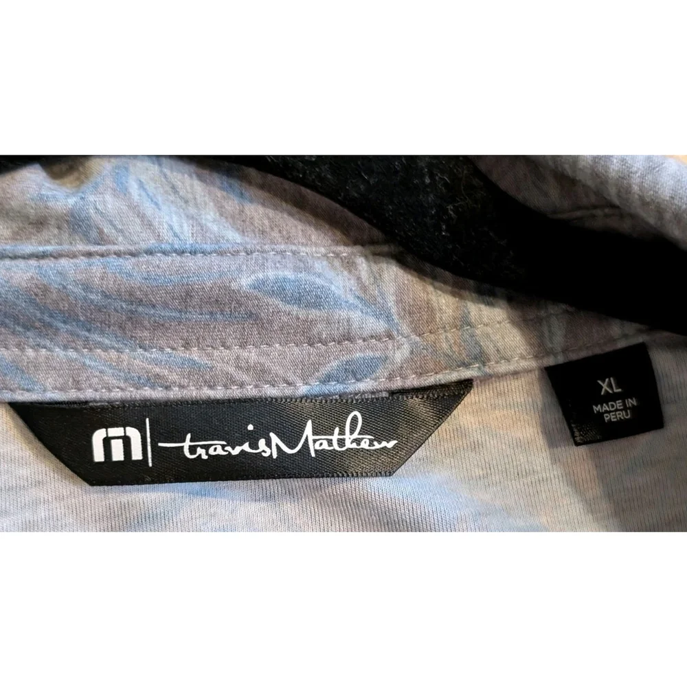 Travis Mathew Golf Polo Shirt Mens Gray Blue AOP Tropical Palm Leaf XL - Picture 7 of 9